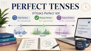 200 דוגמאות לזמנים באנגלית עם פירוש בעברית, הסברים ברורים ל־Present, Past, Future ו־Perfect וטיפים לתרגול בשיעור אונליין אישי.