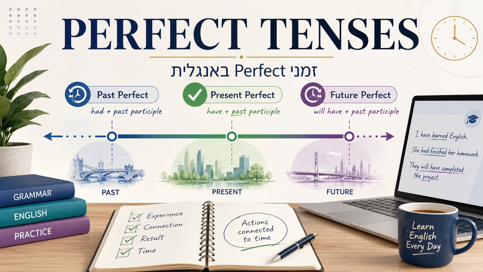 200 דוגמאות לזמנים באנגלית עם פירוש בעברית, הסברים ברורים ל־Present, Past, Future ו־Perfect וטיפים לתרגול בשיעור אונליין אישי.