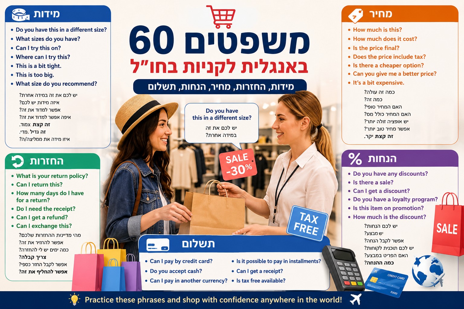 60 משפטים באנגלית לקניות בחו״ל - מידות, החזרות, מחיר, הנחות ותשלום. מדריך מעשי לשיפור הביטחון בדיבור באנגלית.