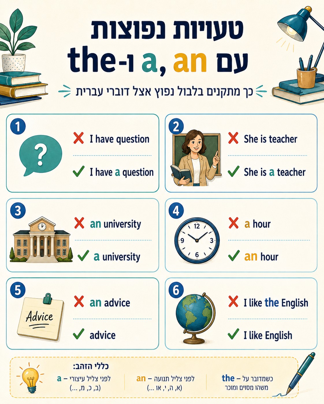 טעויות נפוצות עם a an the לדוברי עברית
