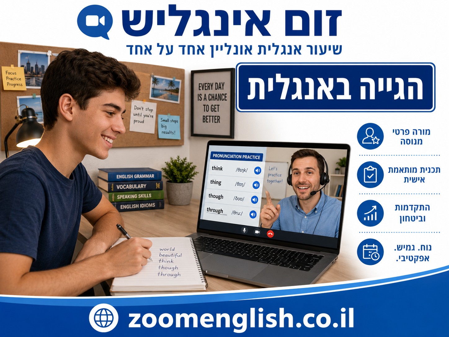 מורה לאנגלית ביוקנעם עלית אונליין - שברו את מחסום הדיבור מהבית
