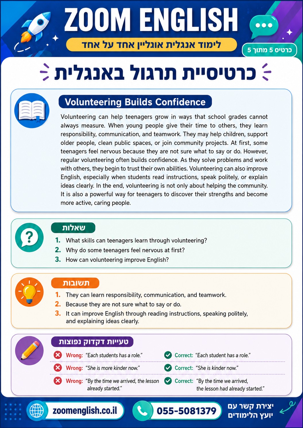 קטעי קריאה באנגלית מדורגים לפי רמות