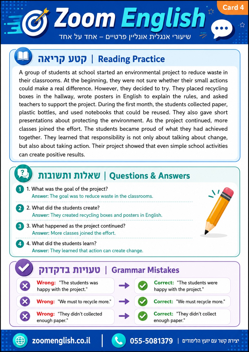 מבחן דקדוק באנגלית עם 580 שאלות ותשובות לפי נושאים ורמות